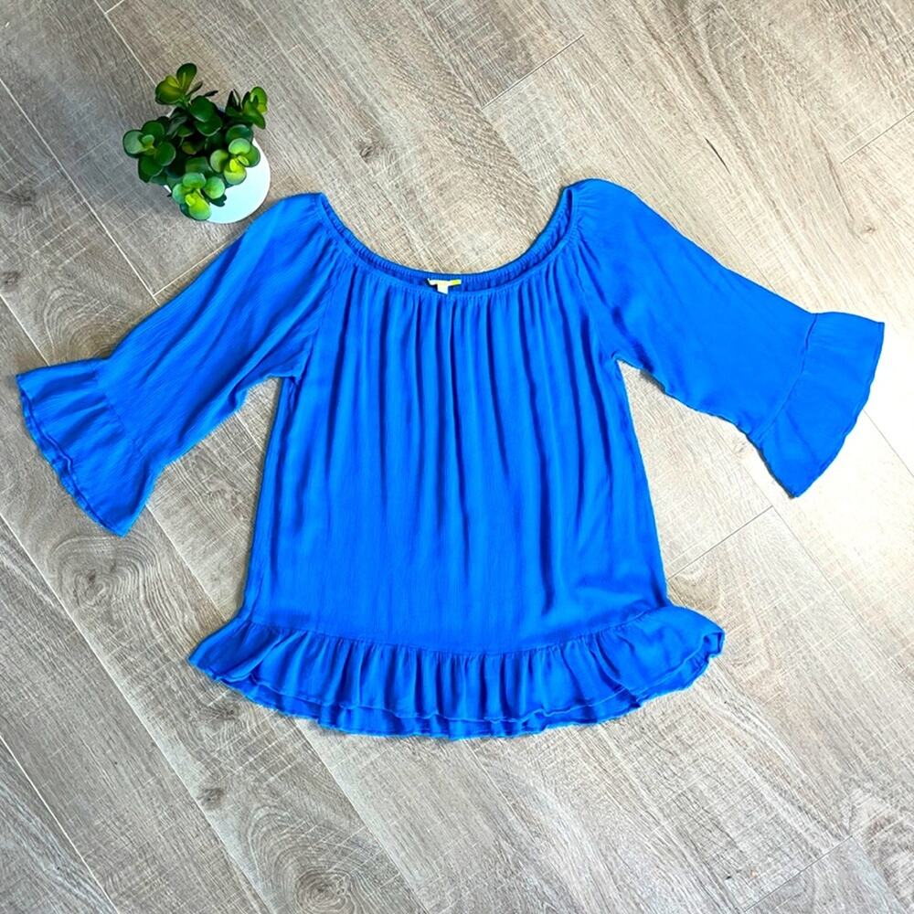 GIANNI BINI Blue 3/4 Flutter Sleeve Ruffle Hem Scoop Neck Blouse Women’s Small